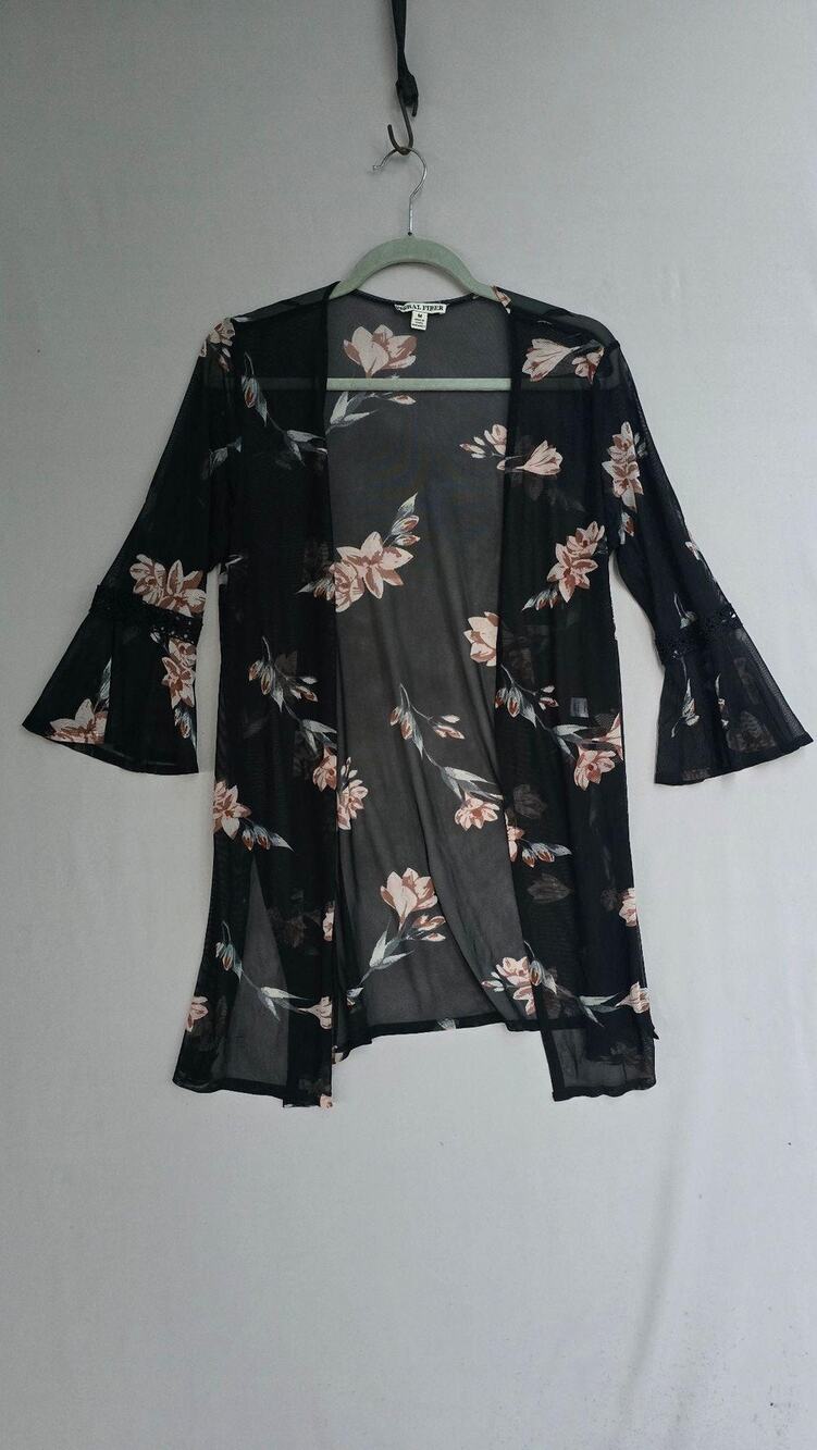 Moral Fiber Open Kimono Top Womens Medium Black Floral Sheer Whimsygoth Fairy
